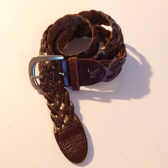 American Eagle Brown leather WOVEN braided Belt Silver Buckle Soft Sz.M/L - Picture 1 of 8